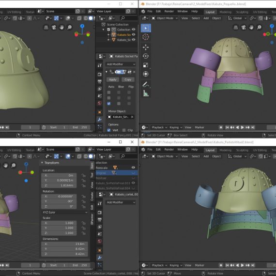 Capturas de Blender con diferentes tamaños y variantes de cascos kabuto para el proyecto de Carnaval