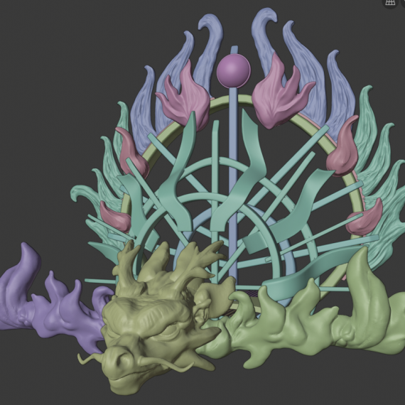 Modelado 3D en Blender de la corona con dragón y llamas para Reina del Carnaval